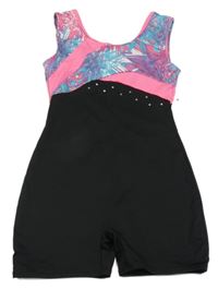 Černo-neonově růžový cvičební kraťasový overal se vzorem a kamínky