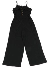 Čierny rebrovaný culottes overal s opaskom River Island