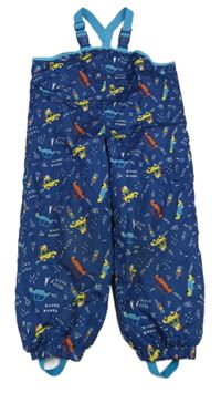 Tmavomodré šusťákové podšité laclové kalhoty s auty Impidimpi 