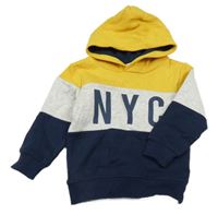 Tmavomodro-šedo-žlutá mikina s nápisem a kapucí H&M