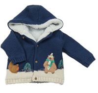 Tmavomodrý propínací zateplený svetr se zvířátky a kapucí M&S