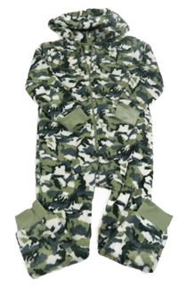 Khaki-šedo-bílá vzorovaná chlupatá kombinéza s kapucí 