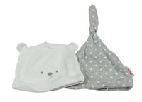 2set - Biela čapica s medvídkem + sivá s hviezdičkami