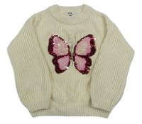 Smotanový vzorovaný sveter s motýlem z flitrů C&A