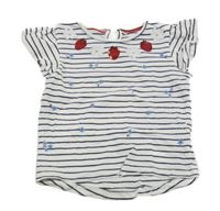 Bílo-tmavomodré pruhované tričko s kytičkami a flitry C&A