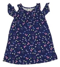 Tmavomodré bavlnené šaty s kvietkami a volnými rameny C&A