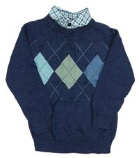 Tmavomodrý melírovaný sveter s károvaným vzorom a všitou košilí Next