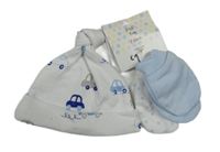 Nové - 3Set - 1x - Bílá čepice s autíčky Next + 2x - rukavice - bílé s hvězdičkami, světlemodré F&F