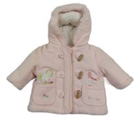 Světlerůžový fleecový zateplený kabátek s myškou a zajíčkem a kapucí s kožešinou