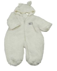 Bílá huňatá podšitá kombinéza s medvídkem a kapucí s oušky