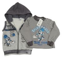 Nové - 2Set - Šedo-tmavošedá melírované propínací tepláková teplá vesta se zvířátkem a nápisy a kapucí + pruhované mikinotriko LUPITA