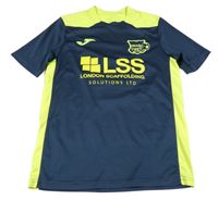 Tmavomodro-neonově zelený funkční fotbalový dres se znakem a číslem JOMA