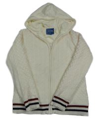 Smetanový vzorovaný žebrovaný propínací zateplený svetr s pruhy a kapucí GIOMANI