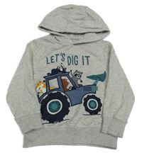 Svetlosivá melírovaná mikina s bágrom a zvieratkami a nápisom a kapucňou C&A