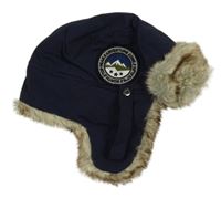 Tmavomodrá šusťáková zateplená beranice s nášivkou a kožešinou H&M