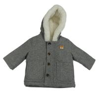 Šedý melírovaný flaušový zateplený kabát s liškou a kapucí KIABI