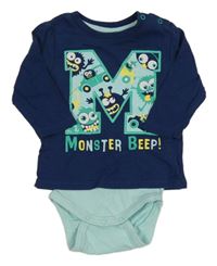 Tmavomodré triko s písmenkem s příšerkami a všitým světlemodrým body Ergee