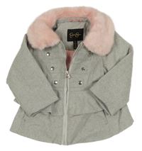 Svetlosivý melírovaný vlnený zateplený kabát s volánikom a kožušinovým golierikom Jessica Simpson