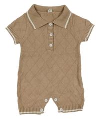 Hnedý károvaný úpletový kraťasový overal s golierikom SHEIN