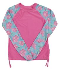 Růžovo-světlemodré UV triko s květy a nařasením wallflower