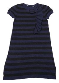 Tmavomodro-čierne pruhované svetrové šaty s volánikom a mašlou H&M