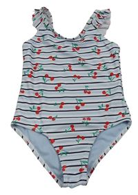 Světlemodro-bielo-tmavomodré pruhované jednodielne plavky s třešněmi Primark