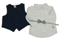 3set - Bílá košile + tmavomodrá vesta + šedý motýlek H&M