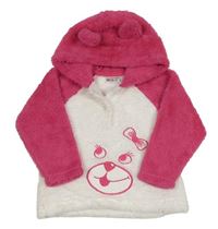 Bielo-fuchsiová chlpatá mikina s medvěďom a kapucňou