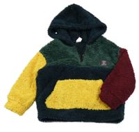 Tmavomodro-kaki-horčicová chlpatá mikina s nášivkou a kapucňou Shein