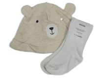 2set - Béžová melírovaná bavlněná čepice s medvědem + bílé ponožky