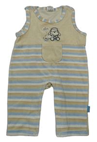 Béžovo-světlemodro-smetanové sametové laclové tepláky s pruhy a psy