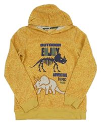 Žluto-okrová vzorovaná fleecová mikina s dinosaury a kapucí Kids