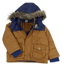 Hnedo-tmavomodrá šušťáková zimná bunda s písmeny a kapucňou Kiki&Koko