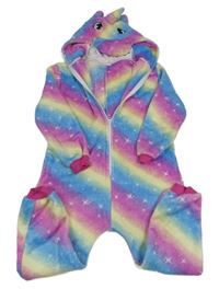 Modro-růžovo-žlutá chlupatá kombinéza s kapucí - jednorožec