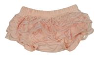 Ružové plenkové nohavice s čipkovymi volániky