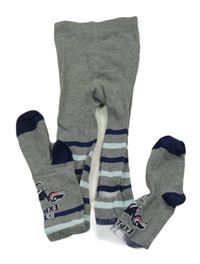 Šedo-modré pruhované punčocháče s dinosaurem Alive