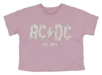 Růžové hudební crop tričko s nápisem s kamínky - AC/DC