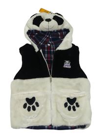 Bílo-černá kožešinová podšitá vesta s kapucí - panda 