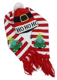 2 Set - Červeno-bílá pletená vánoční čepice - Santa + pruhovaná šála s třásněmi
