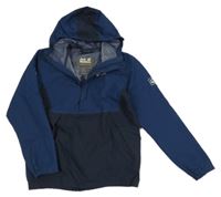 Tmavomodrá šusťáková funkční jarní bunda s logem a kapucí Jack Wolfskin