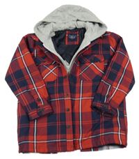 Červeno-tmavomodrá kockovaná zateplená košeľová bunda s teplákovou kapucňou Next