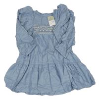 Nové - modré lehké šaty s výšivkou a volánky Primark