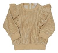 Béžovo-strieborná rebrovaná zamatová mikina s volánikmi hema