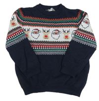 Tmavomodro-bielo-zelený vzorovaný sveter so Santou a sobmi Primark