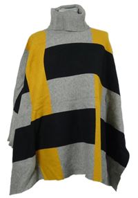 Dámské černo-okrovo-šedé kostkované svetrové pončo s kapucí Stella 