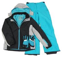 3set- černo-bílá šusťáková lyžařská bunda s kapucí+ azurové oteplovačky+ rukavice Crana