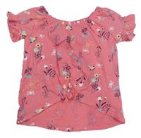 Ružové crop tričko s kvetinami a zavazováním