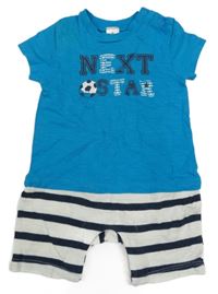 Modro-biely kraťasový overal s nápisom a futbalovým loptou Topomini