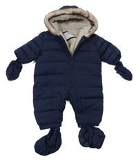 Tmavomodrá šusťáková zimní kombinéza s kapucí + rukavice + capáčky M&S