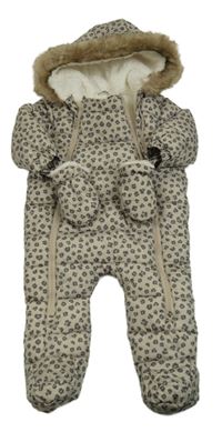 Béžová vzorovaná šusťáková zimní kombinéza s kapucí + rukavice F&F